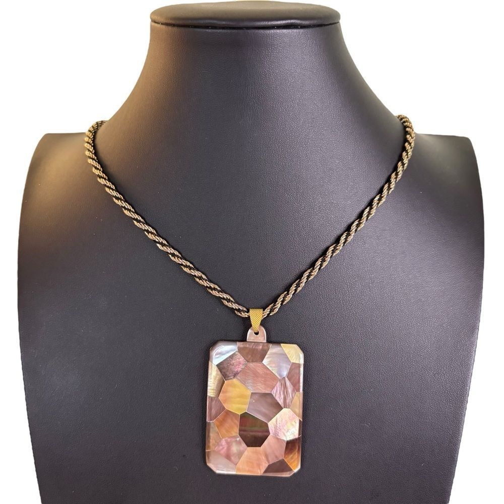Geometric Iridescent Mosaic Pendant in Neutral Tones on Matching Rope Chain.